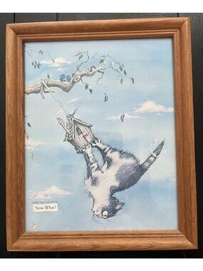 Vtg 70s Gary Patterson "Now What?" Cat Framed Art Print Solid Wood Frame 9x11"